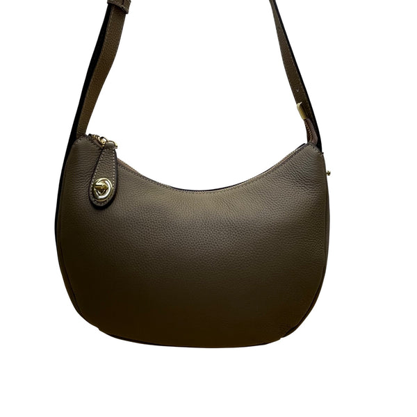 Zooler Women’s Olive Leather Gold Detail Zipper Closure Shoulder Bag Size M