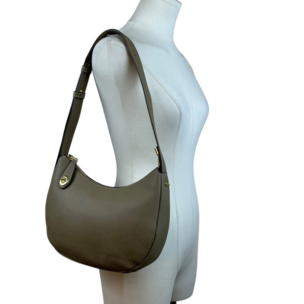 Zooler Women’s Olive Leather Gold Detail Zipper Closure Shoulder Bag Size M