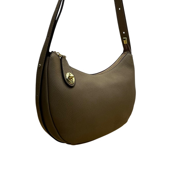 Zooler Women’s Olive Leather Gold Detail Zipper Closure Shoulder Bag Size M