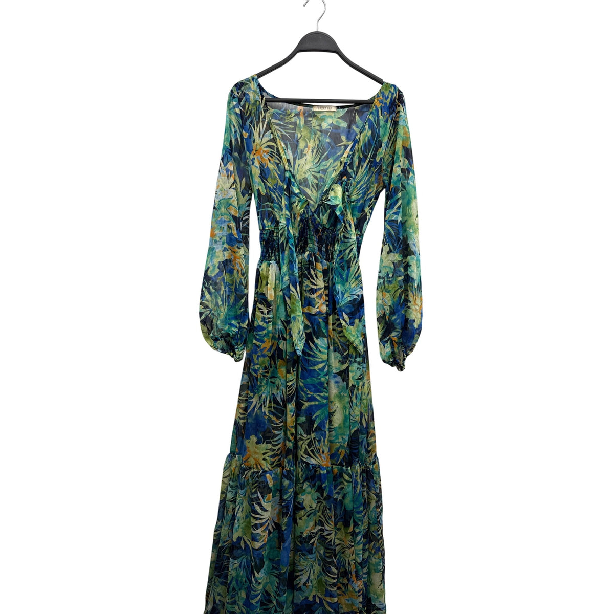 Arden B Sheer Long-Sleeve Maxi Dress With Tie Waist & Tropical Leaf Print Size S