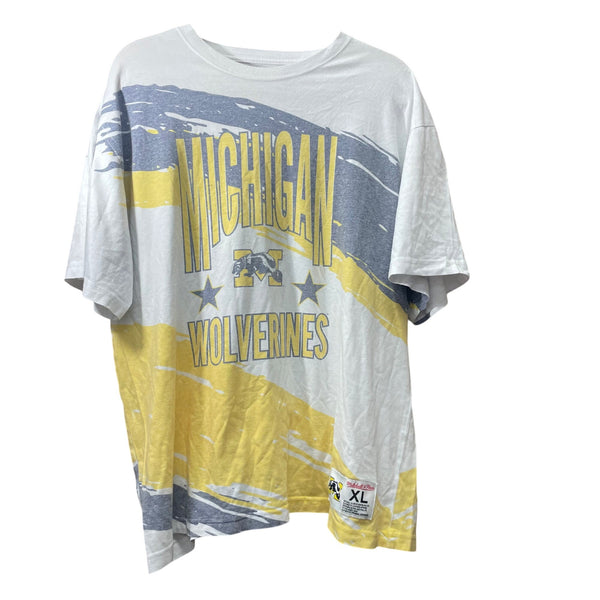 Mitchell & Ness Mens White Gray Yellow Cotton Michigan Wolverines Graphic T-Shirt XL