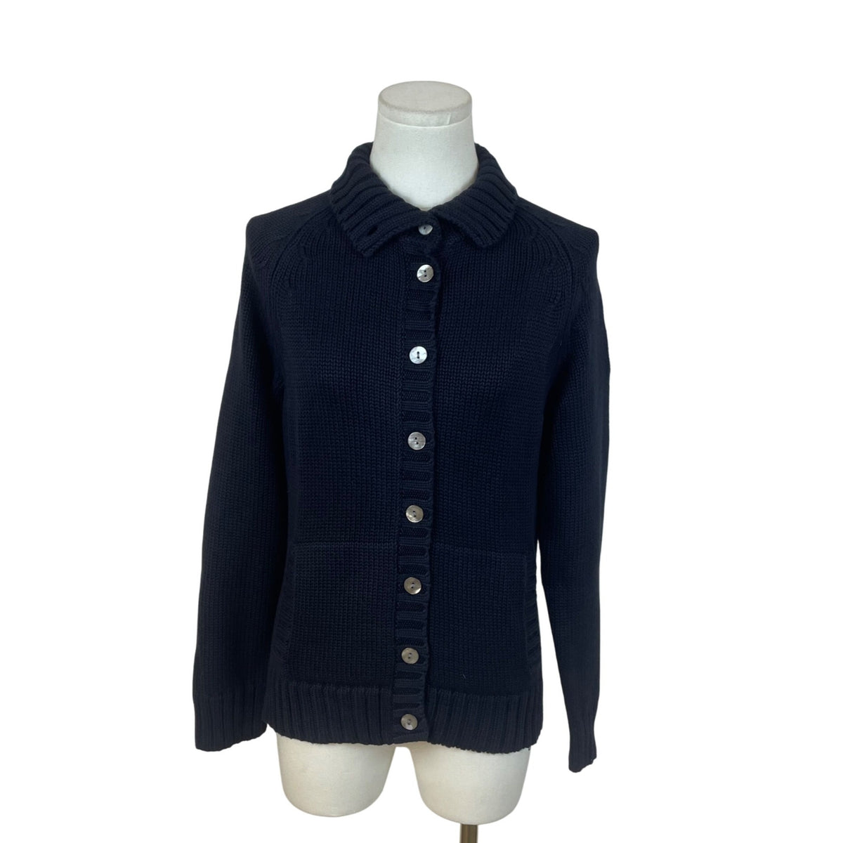 Lands End Womens Navy Cotton Button-Up Cardigan Sweater Size S/P