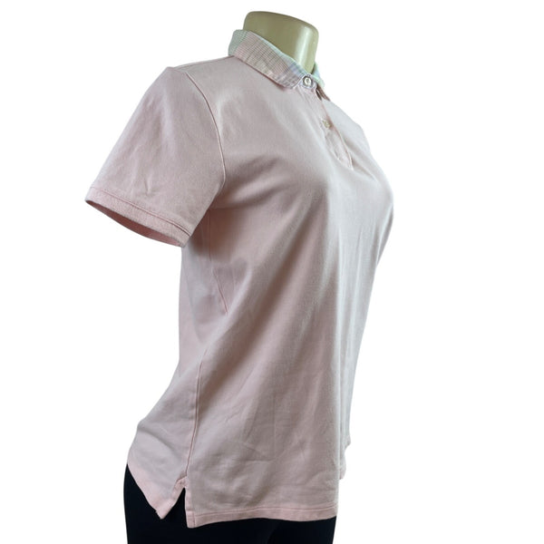 Lands End Womens Pink Polo Shirt With Plaid Collar Short Sleeve Sz XS