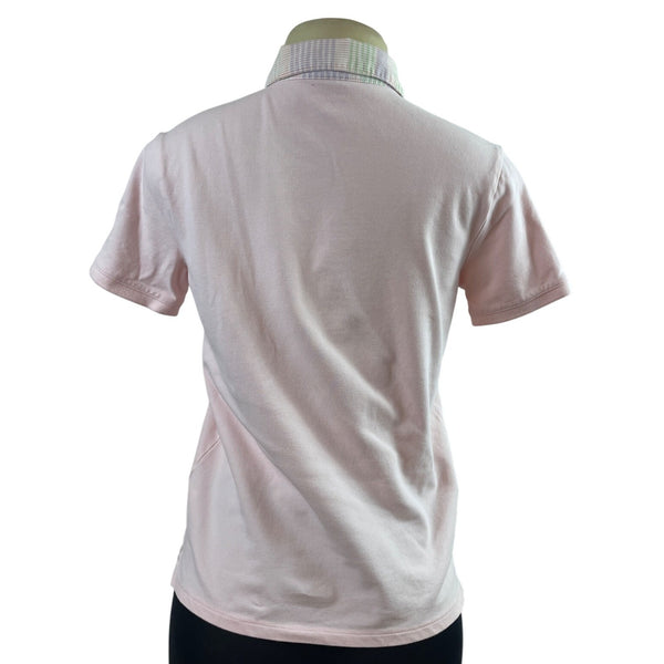 Lands End Womens Pink Polo Shirt With Plaid Collar Short Sleeve Sz XS
