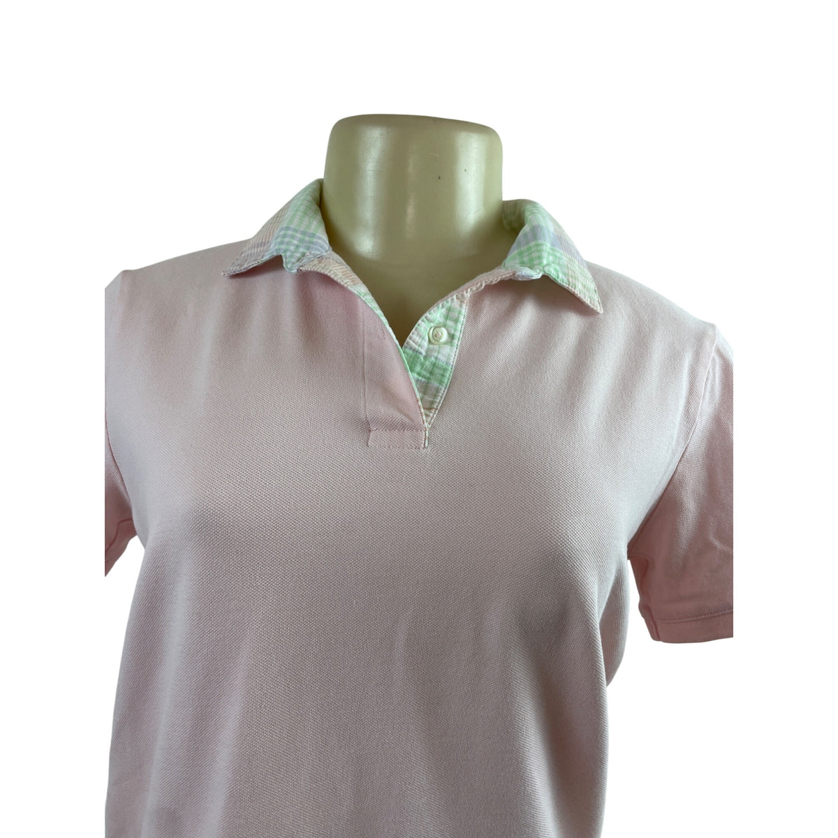 Lands End Womens Pink Polo Shirt With Plaid Collar Short Sleeve Sz XS