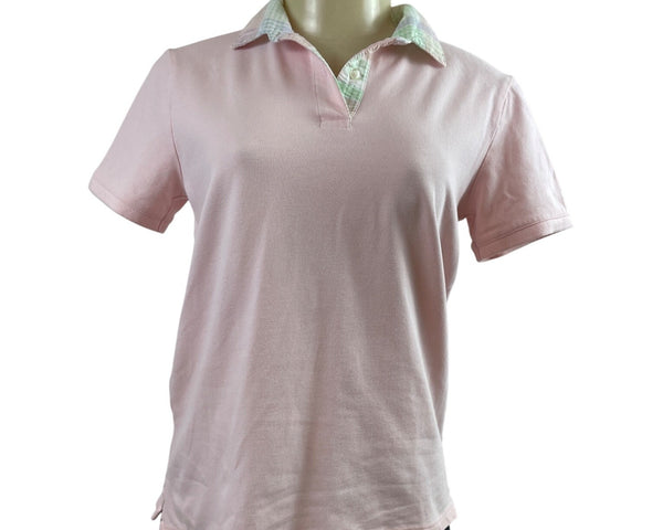 Lands End Womens Pink Polo Shirt With Plaid Collar Short Sleeve Sz XS