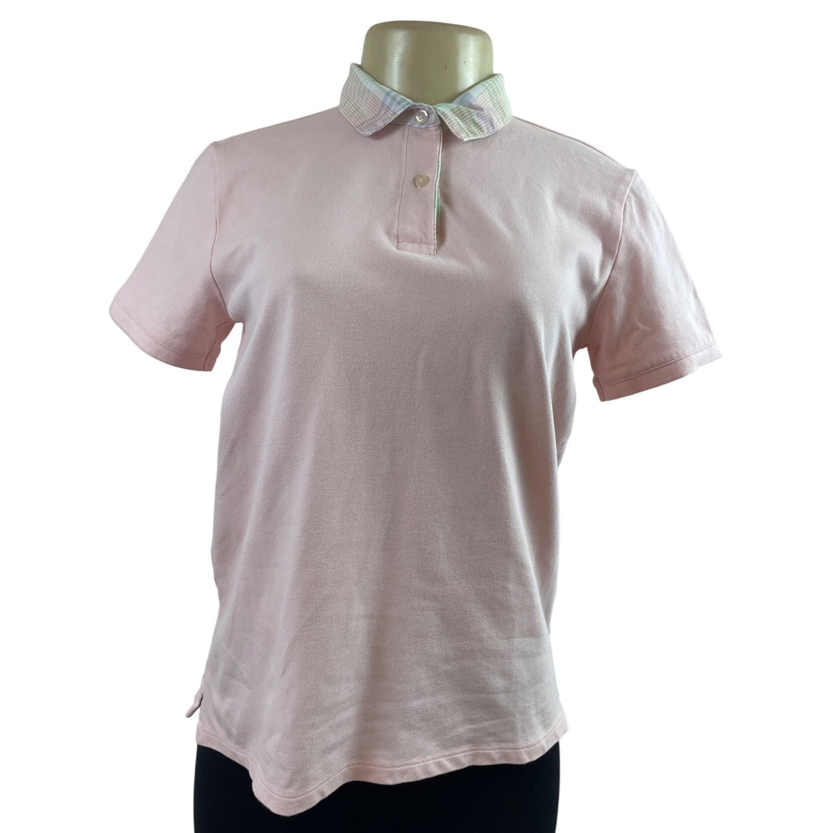 Lands End Womens Pink Polo Shirt With Plaid Collar Short Sleeve Sz XS