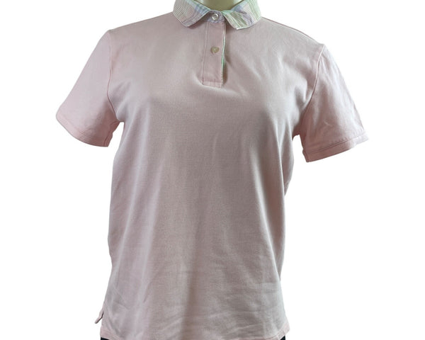 Lands End Womens Pink Polo Shirt With Plaid Collar Short Sleeve Sz XS