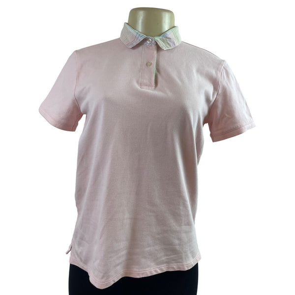 Lands End Womens Pink Polo Shirt With Plaid Collar Short Sleeve Sz XS