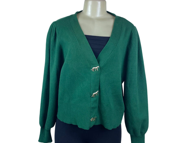 Crown & Ivy Womens Green Knit Cardigan Sweater Animal Button Detail V-Neck Sz XL