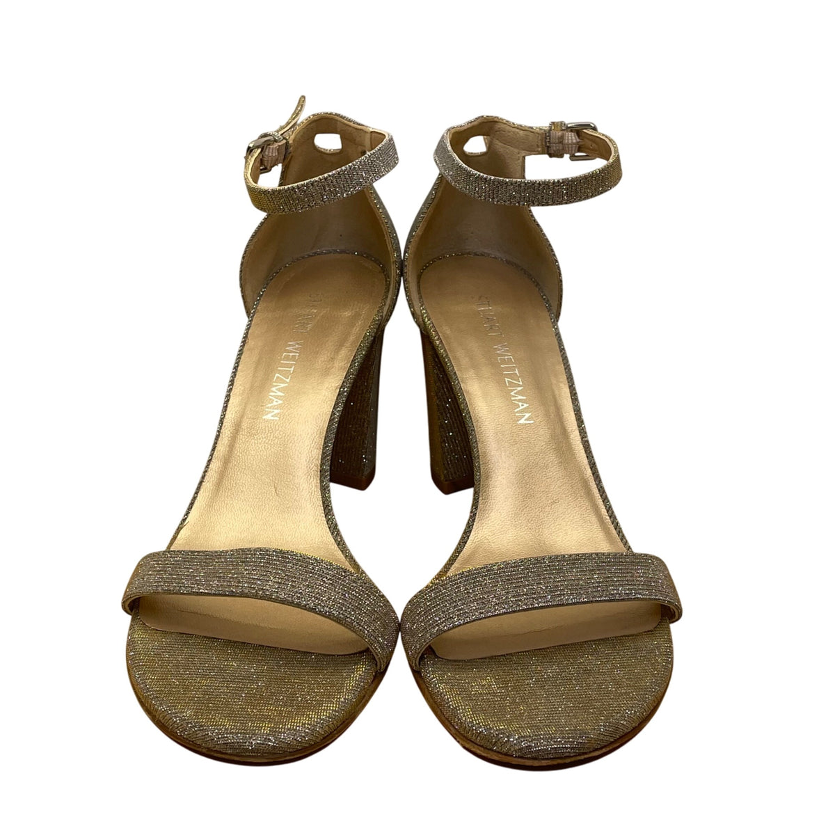 Stuart Weitzman Women’s Gold Glitter Ankle Strap Block Heel Sandals Size 9.5