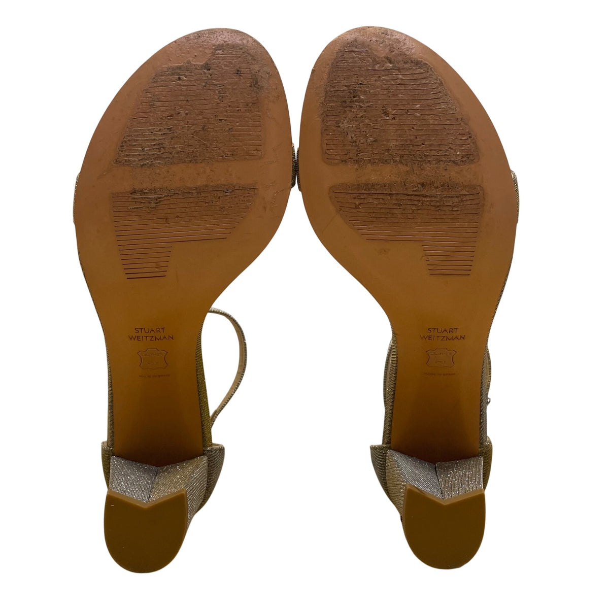 Stuart Weitzman Women’s Gold Glitter Ankle Strap Block Heel Sandals Size 9.5