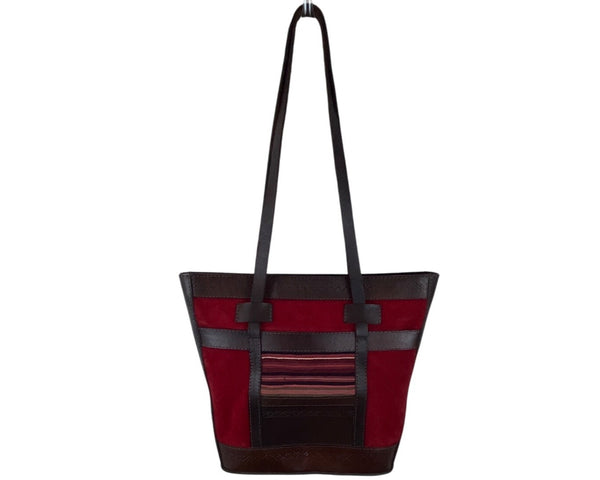Vintage Leather & Suede Striped Tote Bag With Long Shoulder Straps