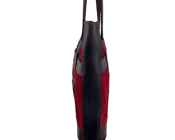 Vintage Leather & Suede Striped Tote Bag With Long Shoulder Straps