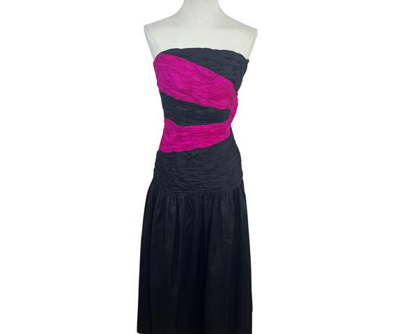 Vintage Miss Bergdorf Now Strapless Black & Pink Thai Silk Dress Size 4