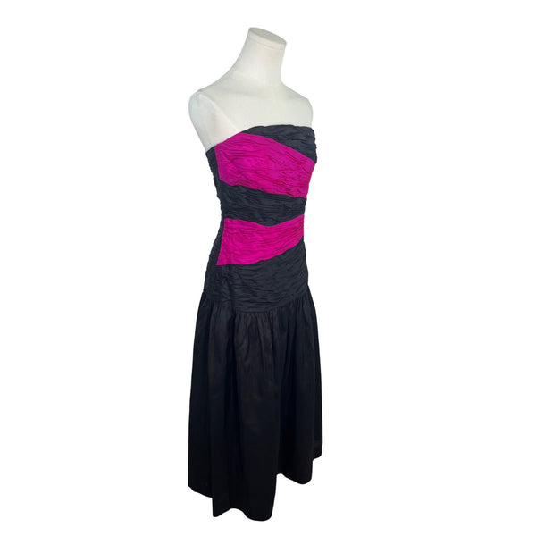 Vintage Miss Bergdorf Now Strapless Black & Pink Thai Silk Dress Size 4