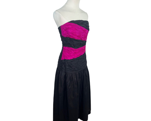 Vintage Miss Bergdorf Now Strapless Black & Pink Thai Silk Dress Size 4