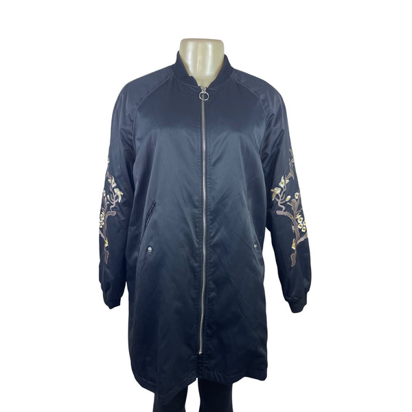 Mango Womens  Black Embroidered Long Bomber Jacket With Floral Sleeve Details Sz XS