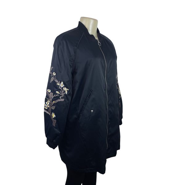 Mango Womens  Black Embroidered Long Bomber Jacket With Floral Sleeve Details Sz XS