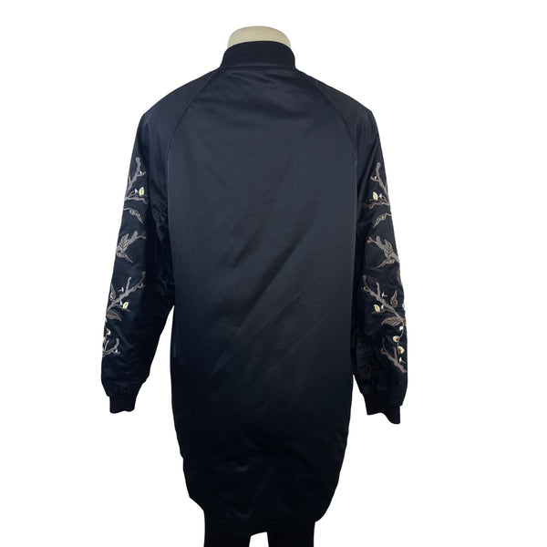 Mango Womens  Black Embroidered Long Bomber Jacket With Floral Sleeve Details Sz XS