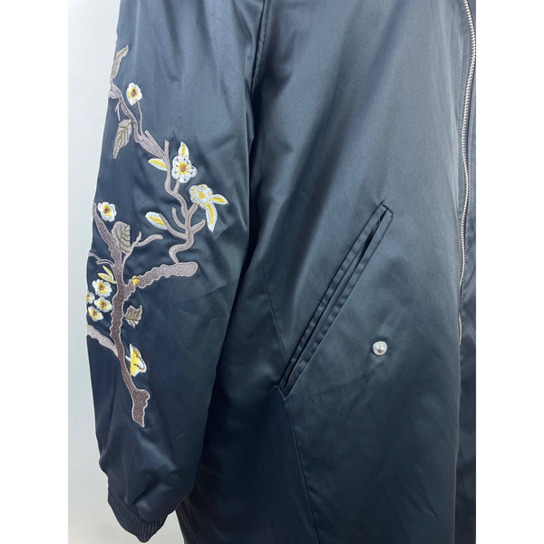 Mango Womens  Black Embroidered Long Bomber Jacket With Floral Sleeve Details Sz XS