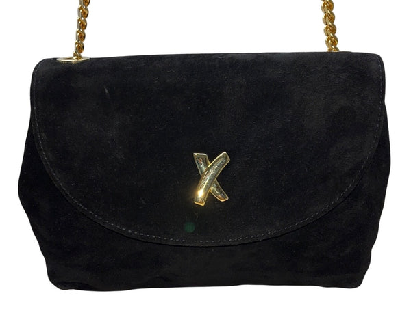 Paloma Picasso Black Suede Gold Chain Strap & "X" Detail Crossbody bag Size S