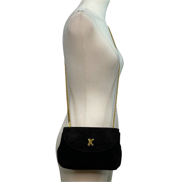 Paloma Picasso Black Suede Gold Chain Strap & "X" Detail Crossbody bag Size S