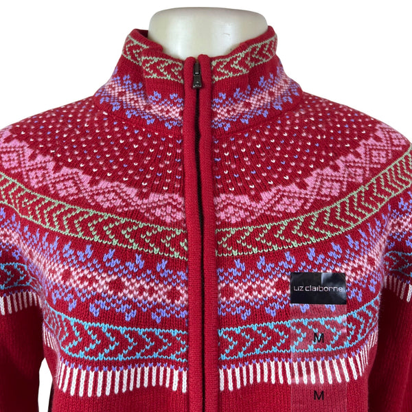 Liz Claiborne Womens Red Acrylic Full-Zip Sweater Nordic Knit Size M - New