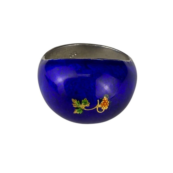 Vintage Silver Tone Enamel Ring With Blue Floral Grapevine Design Unique Size 6