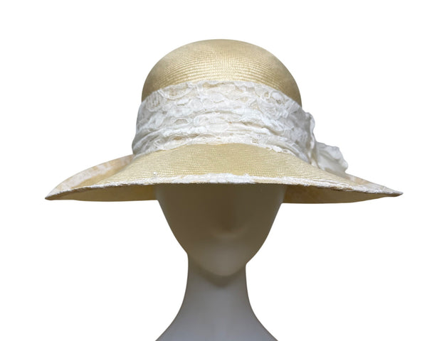 TinaLuxe Womens Beige Lace Wide Brim Cloche Hat White Lace Band Flower Accent OS