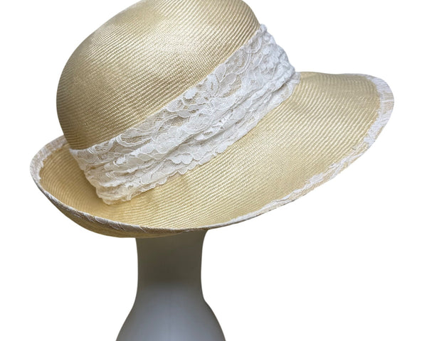 TinaLuxe Womens Beige Lace Wide Brim Cloche Hat White Lace Band Flower Accent OS