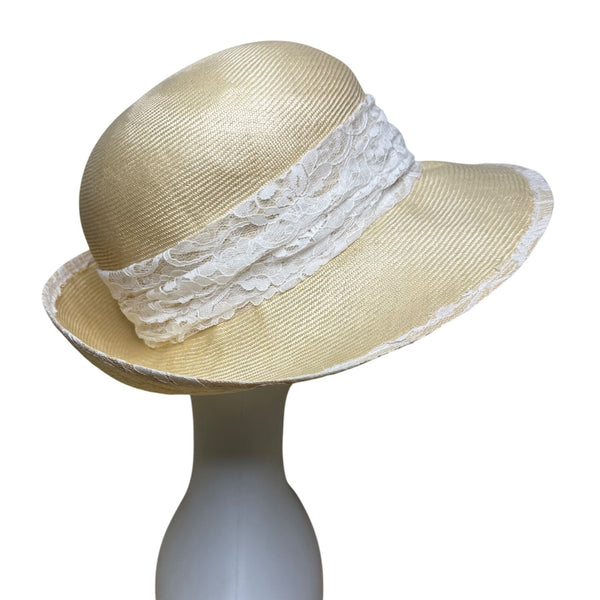 TinaLuxe Womens Beige Lace Wide Brim Cloche Hat White Lace Band Flower Accent OS