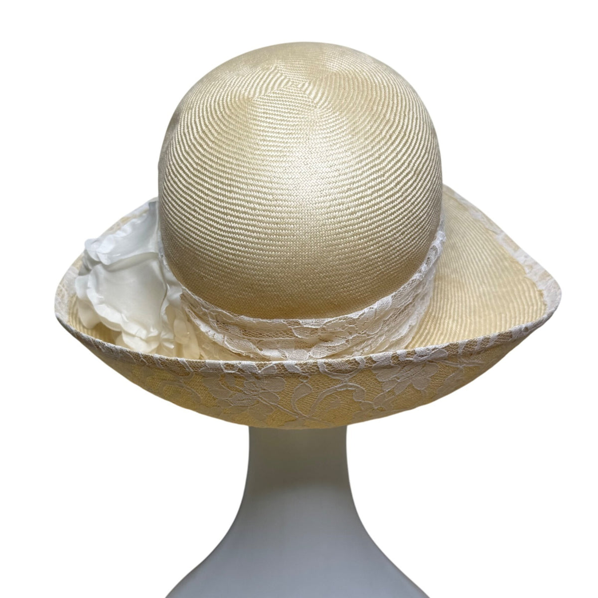 TinaLuxe Womens Beige Lace Wide Brim Cloche Hat White Lace Band Flower Accent OS