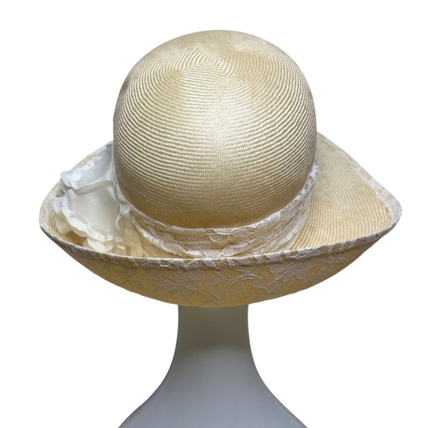TinaLuxe Womens Beige Lace Wide Brim Cloche Hat White Lace Band Flower Accent OS