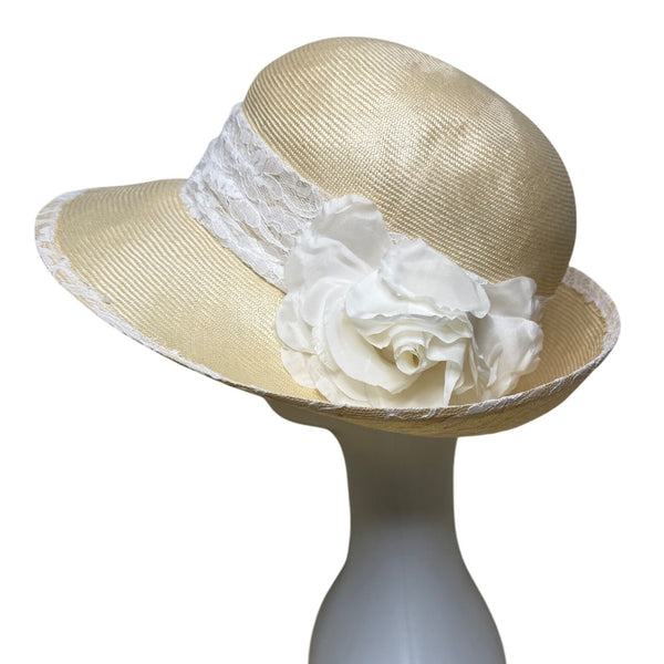 TinaLuxe Womens Beige Lace Wide Brim Cloche Hat White Lace Band Flower Accent OS