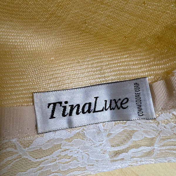 TinaLuxe Womens Beige Lace Wide Brim Cloche Hat White Lace Band Flower Accent OS