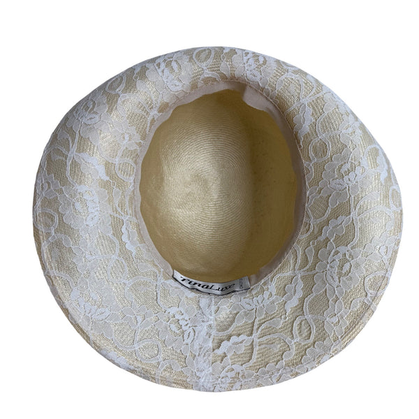 TinaLuxe Womens Beige Lace Wide Brim Cloche Hat White Lace Band Flower Accent OS