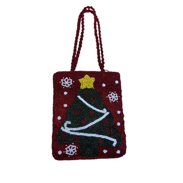 Beaded Christmas Tree Holiday Purse Red Green Handbag with Zipper & Handles