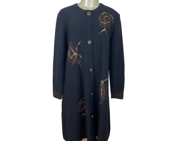 Steve Fabrikant Black Long Dress With Button Front & Gold Embellished Size M