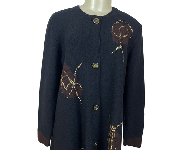 Steve Fabrikant Black Long Dress With Button Front & Gold Embellished Size M