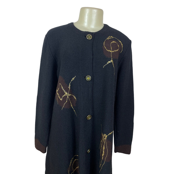 Steve Fabrikant Black Long Dress With Button Front & Gold Embellished Size M