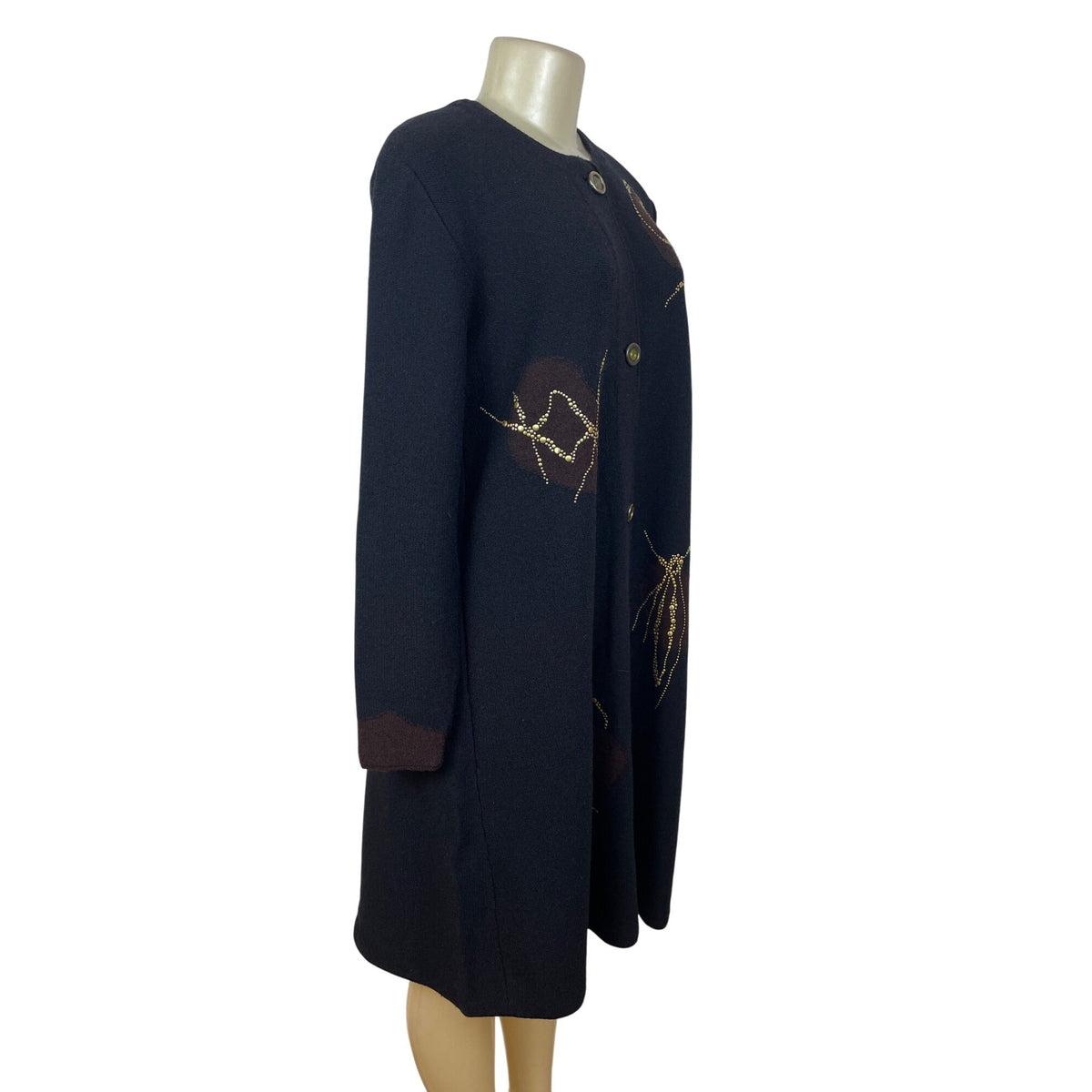 Steve Fabrikant Black Long Dress With Button Front & Gold Embellished Size M