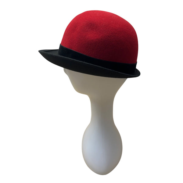 Vintage Dofan Red & Black Felt Wool Bowler Hat - 22in Circumferemnce
