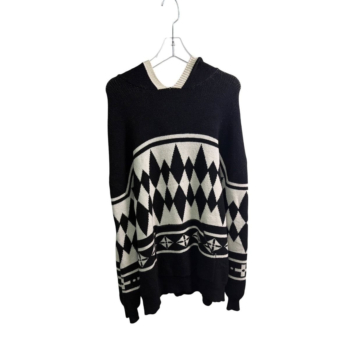 Steady Hands Unisex Black & White Knit Hooded Sweater With Geometric Pattern OS Steady Hands Unisex Black & White Knit Hooded Sweater With Geometric Pattern OS