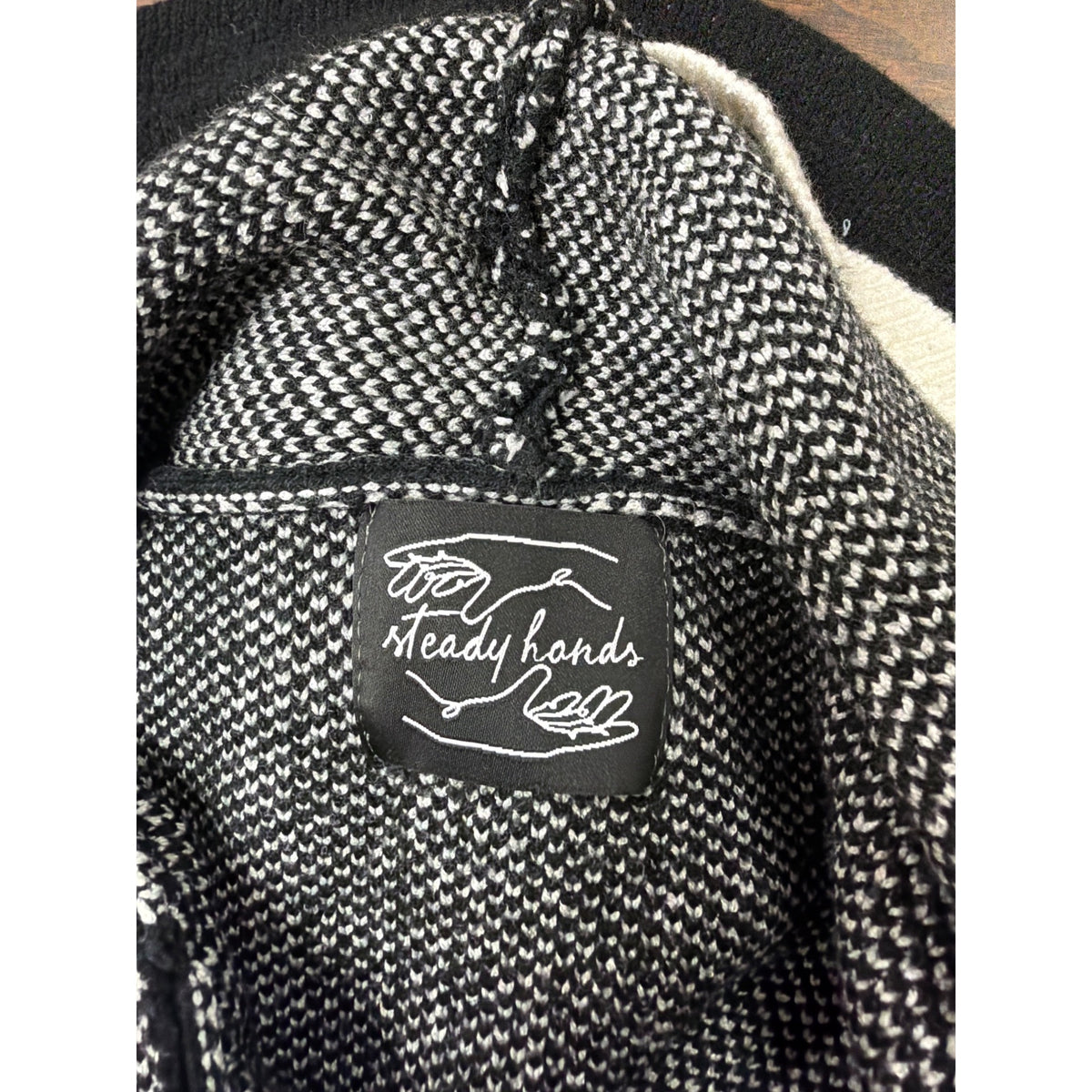 Steady Hands Unisex Black & White Knit Hooded Sweater With Geometric Pattern OS Steady Hands Unisex Black & White Knit Hooded Sweater With Geometric Pattern OS