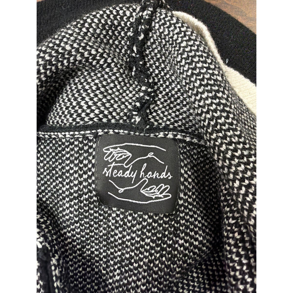 Steady Hands Unisex Black & White Knit Hooded Sweater With Geometric Pattern OS Steady Hands Unisex Black & White Knit Hooded Sweater With Geometric Pattern OS