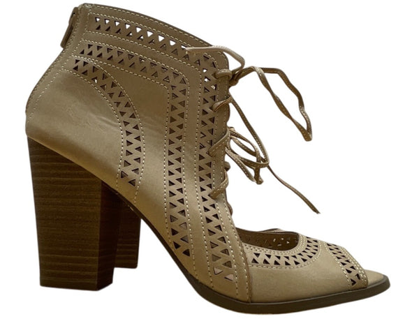 Restricted Womens Beige Peep-Toe Lace-Up Back Zipper Heeled Sandals Sz 8.5