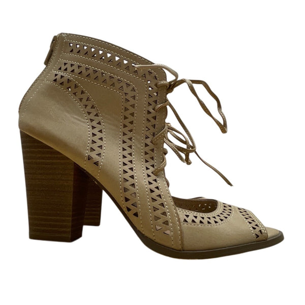 Restricted Womens Beige Peep-Toe Lace-Up Back Zipper Heeled Sandals Sz 8.5