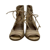 Restricted Womens Beige Peep-Toe Lace-Up Back Zipper Heeled Sandals Sz 8.5