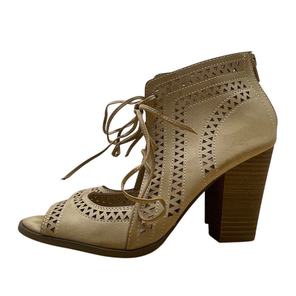 Restricted Womens Beige Peep-Toe Lace-Up Back Zipper Heeled Sandals Sz 8.5